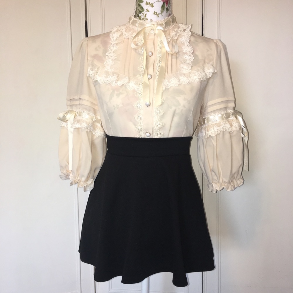 Elbow Sleeve Ruffle Trim Chiffon Blouse